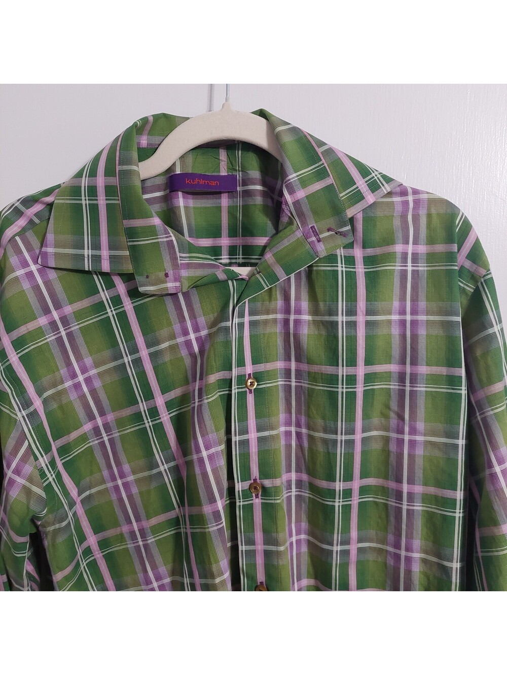 Kuhlman Green and Purple Plaid Cotton Button-Up Shirt Size 40